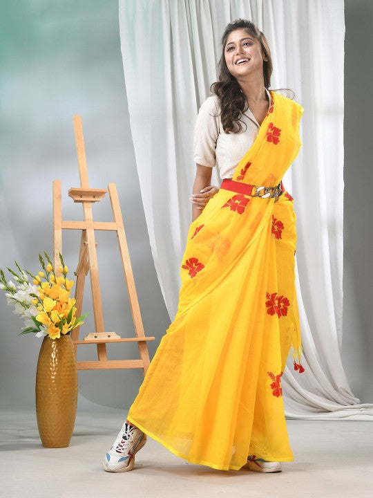 DESH BIDESH Floral Embroidered Silk Cotton Saree with No Border