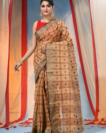 Exquisite Orange Pure Cotton Taant Saree with Ethnic Woven Design Border