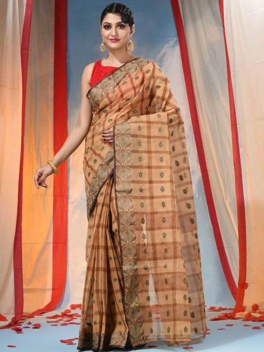 Exquisite Orange Pure Cotton Taant Saree with Ethnic Woven Design Border