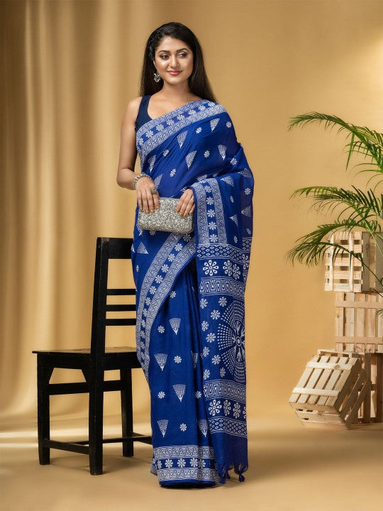 DESH BIDESH Blue Ethnic Motifs Pure Cotton Taant Saree