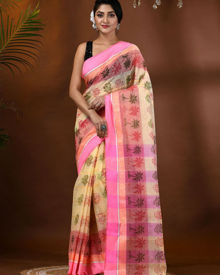 DESH BIDESH Floral Printed Pure Cotton Block Print Saree with Woven Design Border