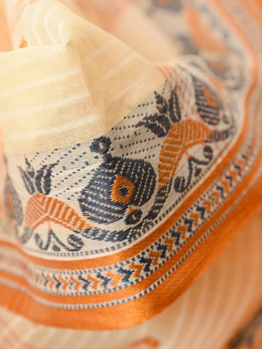 DESH BIDESH Beige Ethnic Motifs Pure Cotton Saree for Women with Woven Design