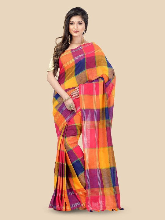 DESH BIDESH Checked Pure Cotton Handloom Taant Saree