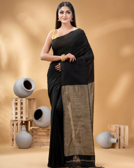 DESH BIDESH Elegant Black Beige Colourblocked Pure Cotton Saree, Traditional Indian Attire