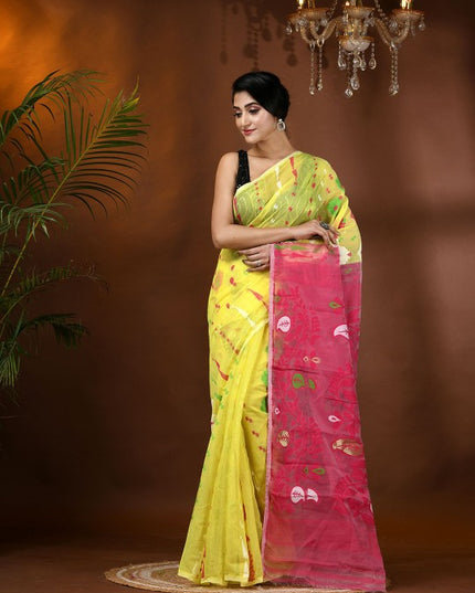 DESH BIDESH Yellow and Pink Jamdani Saree with Ethnic Motifs
