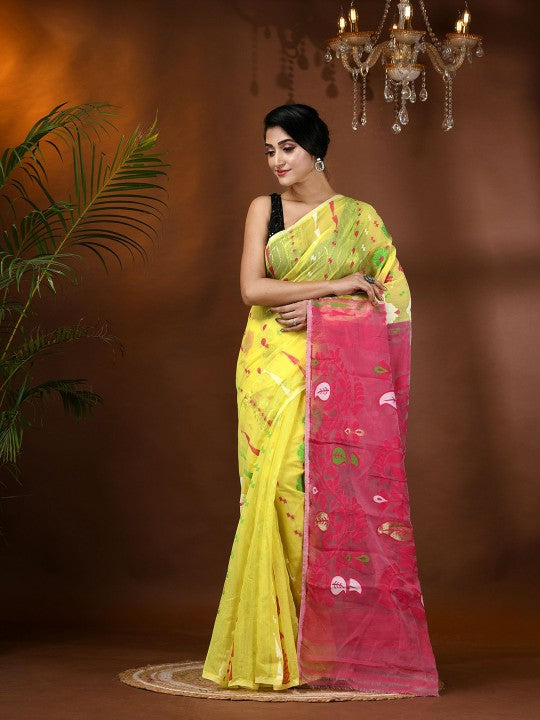 DESH BIDESH Yellow and Pink Jamdani Saree with Ethnic Motifs