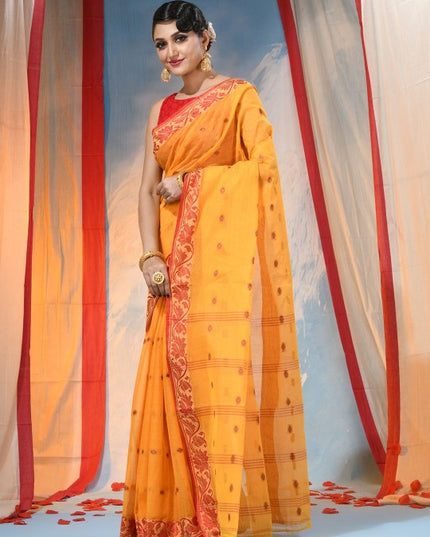 DESH BIDESH Traditional Yellow & Red Woven Pure Cotton Saree with Elegant Design
