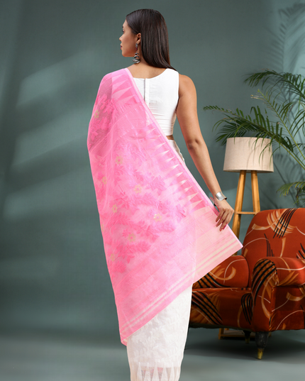 Women’s Bengal Handloom Soft Dhakai Jamdani Cotton Saree – Pink White