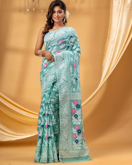 DESH BIDESH Women's Floral Pure Cotton Jamdani Saree: Ready-to-Wear Elegance