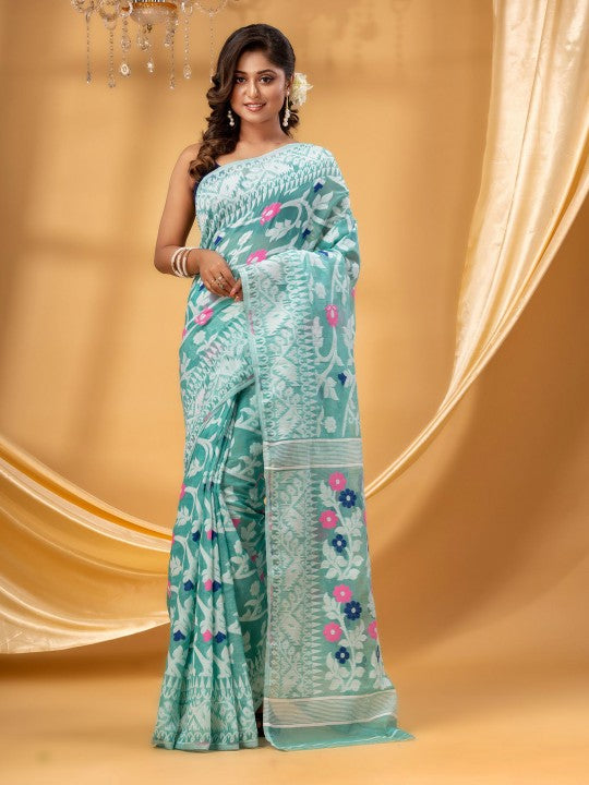 DESH BIDESH Women's Floral Pure Cotton Jamdani Saree: Ready-to-Wear Elegance