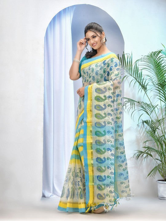 DESH BIDESH Printed Zari Paisley Pure Cotton Taant Saree