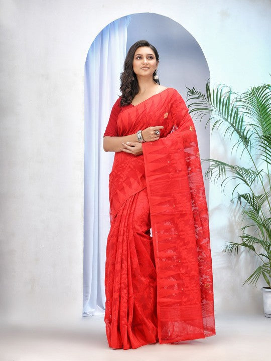 DESH BIDESH Ethnic Motifs Woven Design Zari Pure Cotton Jamdani Saree