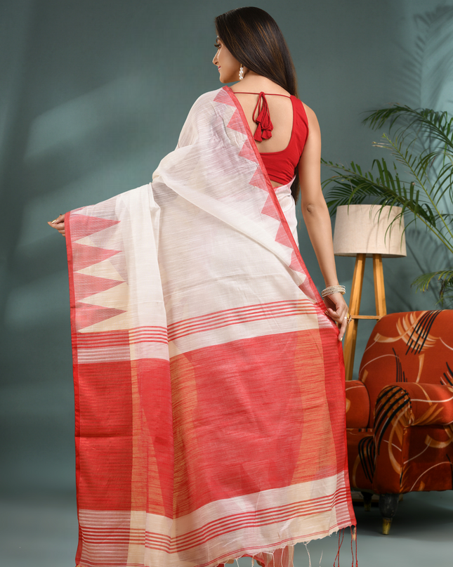 Women's Traditional Bengali Handloom Tant Pure Cotton Saree with Blouse Piece Temple Par Design