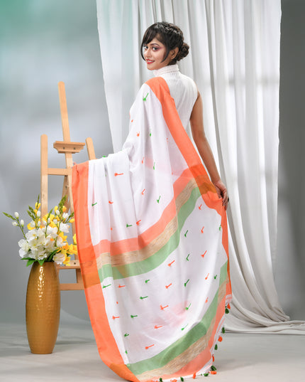 Women's Tri Color Pure Cotton Khadi Handloom Saree Mashal Design with Blouse Piece – Independence Day Special (Orange, White & Green)
