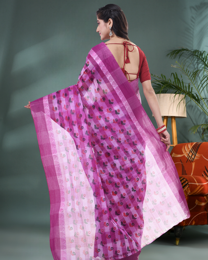 Women’s Bengal Tant Banphul Print Pure Handloom Cotton Saree – Without Blouse Piece