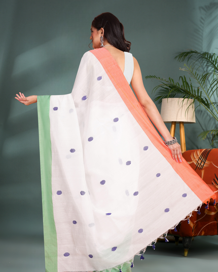 Women's Tri Color Handloom Pure Cotton Saree With Blouse Piece – Orange, White, Green (Independence Day Special)