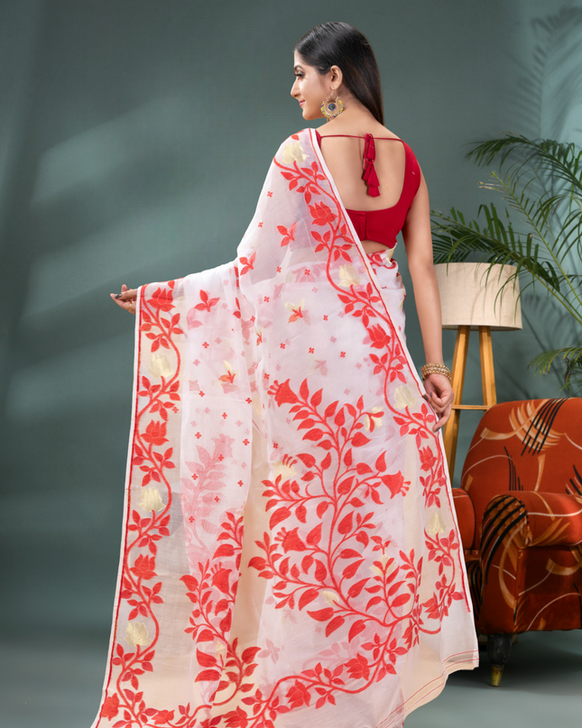 Women’s Kaveri Flower Design Dhakai Jamdani Bengal Pure Cotton Handloom Saree – Without Blouse Piece