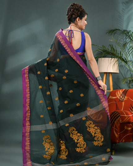 Women Cotton Handloom Tant Midnight Flora Design Saree – Dark Green