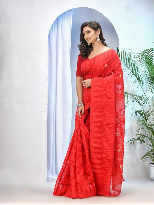 DESH BIDESH Ethnic Motifs Woven Design Zari Pure Cotton Jamdani Saree