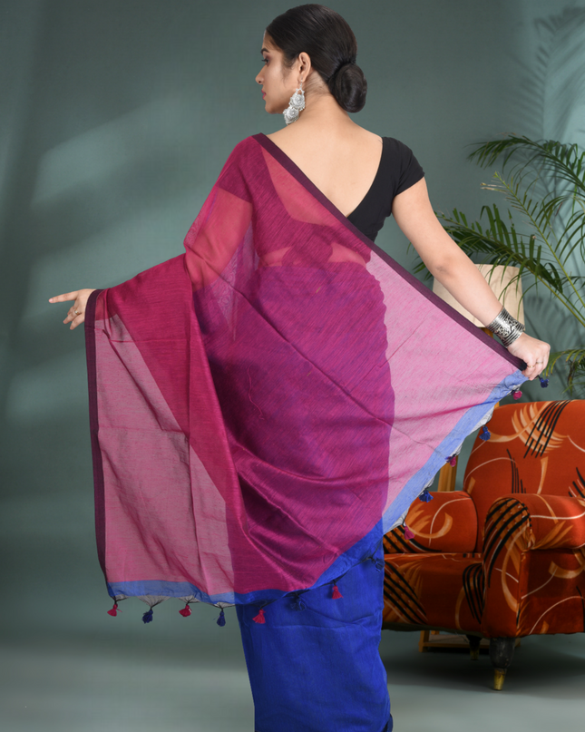 Half Half Ghicha Handloom Cotton Silk Tant Saree – Blue & Pink – With Blouse Piece