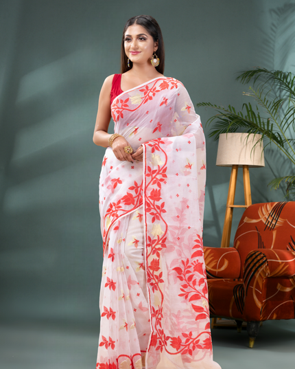 Women’s Kaveri Flower Design Dhakai Jamdani Bengal Pure Cotton Handloom Saree – Without Blouse Piece