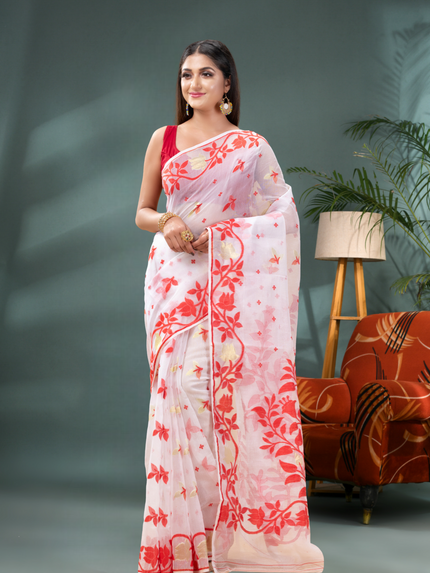 Women’s Kaveri Flower Design Dhakai Jamdani Bengal Pure Cotton Handloom Saree – Without Blouse Piece