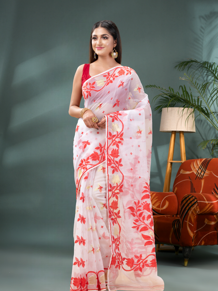 Women’s Kaveri Flower Design Dhakai Jamdani Bengal Pure Cotton Handloom Saree – Without Blouse Piece