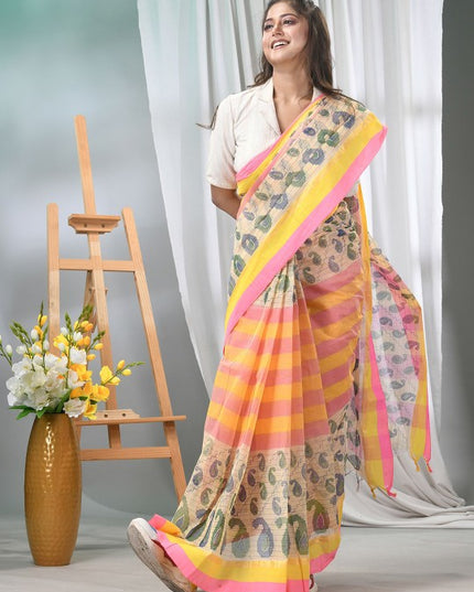 DESH BIDESH Pure Cotton Pink Yellow Paisley Printed Taant Saree for Women