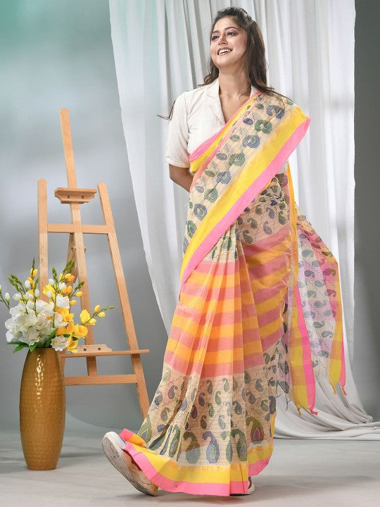 DESH BIDESH Pure Cotton Pink Yellow Paisley Printed Taant Saree for Women