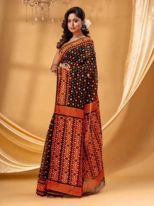 DESH BIDESH Floral Woven Pure Cotton Jamdani Saree for Women