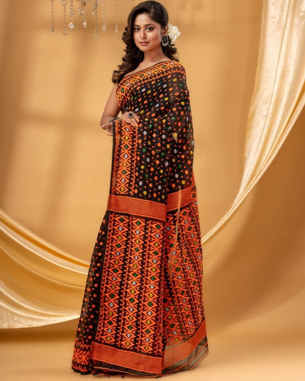 DESH BIDESH Floral Woven Pure Cotton Jamdani Saree for Women