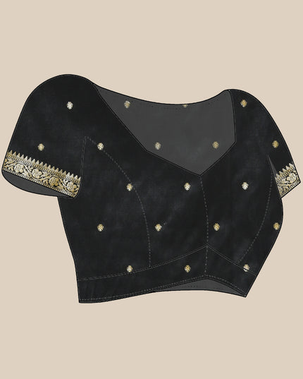 silver zari butti on black pure silk saree blouse layout.