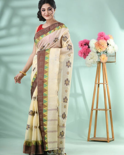 DESH BIDESH Beige & Brown Floral Zari Pure Cotton Handloom Saree with Blouse Piece