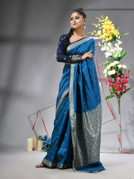 Blue Kanjivaram Kanchipuram Silk Saree with Silver Zari Butti Design