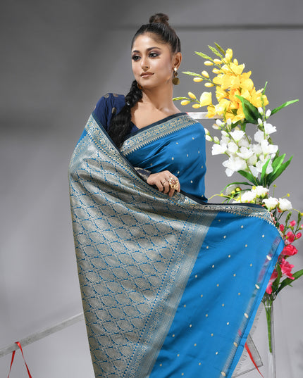 Model showcasing blue Banarasi Kanjivaram wedding saree zoomed view