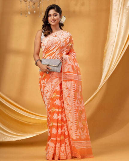 DESH BIDESH Floral Woven Design Pure Cotton Handloom Jamdani Saree