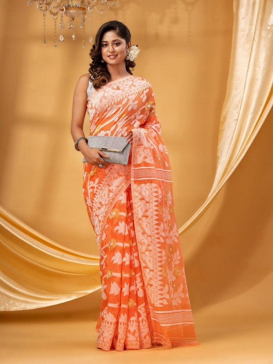DESH BIDESH Floral Woven Design Pure Cotton Handloom Jamdani Saree