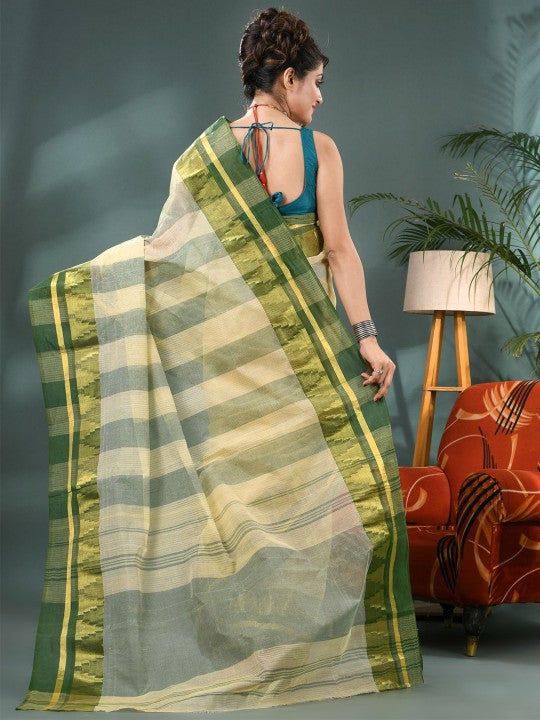 DESH BIDESH Striped Zari Pure Cotton Taant Saree - Sarees for Women 35202410