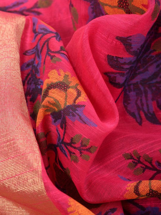 Exquisite Pink Floral Printed Zari Saree with Unstitched Blouse Piece