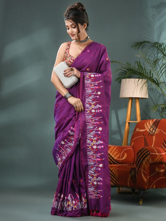 DESH BIDESH Floral Embroidered Pure Cotton Saree