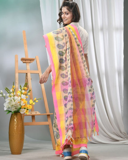 DESH BIDESH Pure Cotton Pink Yellow Paisley Printed Taant Saree for Women