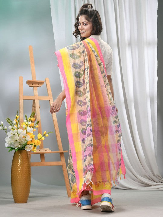 DESH BIDESH Pure Cotton Pink Yellow Paisley Printed Taant Saree for Women