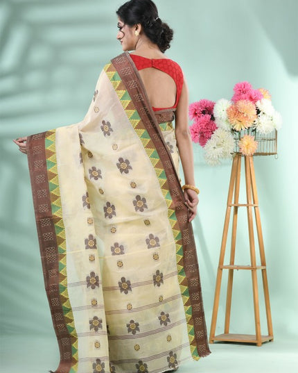 DESH BIDESH Beige & Brown Floral Zari Pure Cotton Handloom Saree with Blouse Piece