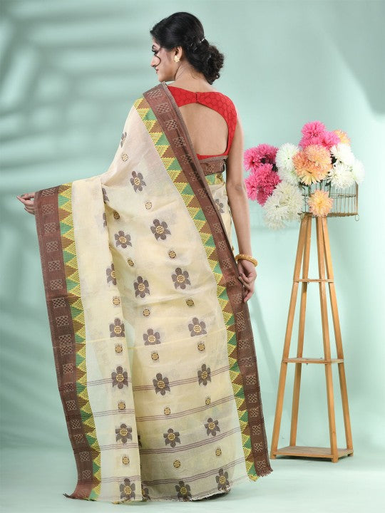 DESH BIDESH Beige & Brown Floral Zari Pure Cotton Handloom Saree with Blouse Piece