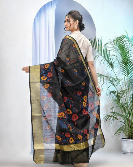 Exquisite Floral Printed Black & Gold Zari Border Saree for Women