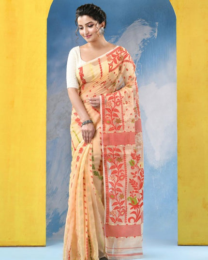 Exquisite Cream and Red Jamdani Saree with Ethnic Motifs and No Border