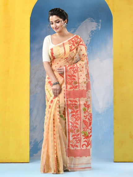 Exquisite Cream and Red Jamdani Saree with Ethnic Motifs and No Border