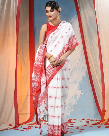 Elegant Floral Embroidered Handloom Saree: Red, White, Cotton Blend, Traditional Indian Wear