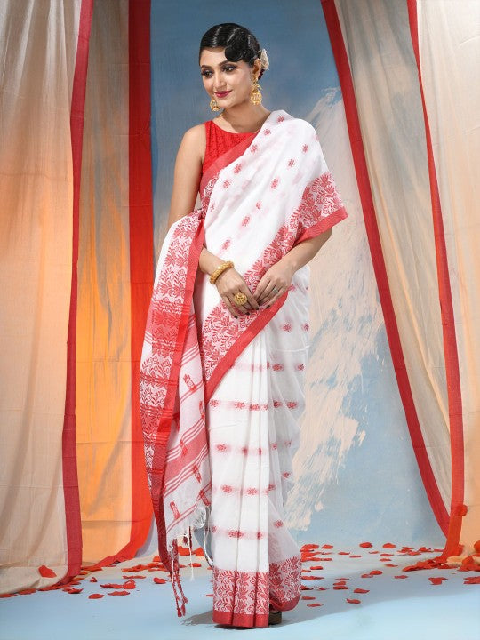 Elegant Floral Embroidered Handloom Saree: Red, White, Cotton Blend, Traditional Indian Wear