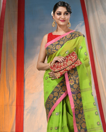 Exquisite Green Floral Pure Cotton Saree with Woven Design Border